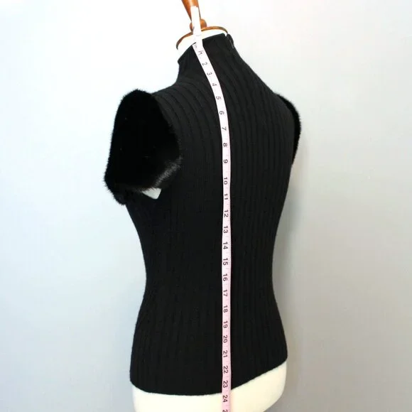 Valentino Black Cashmere Wool Sweater Genuine Fur Short Sleeve Mock neck Top